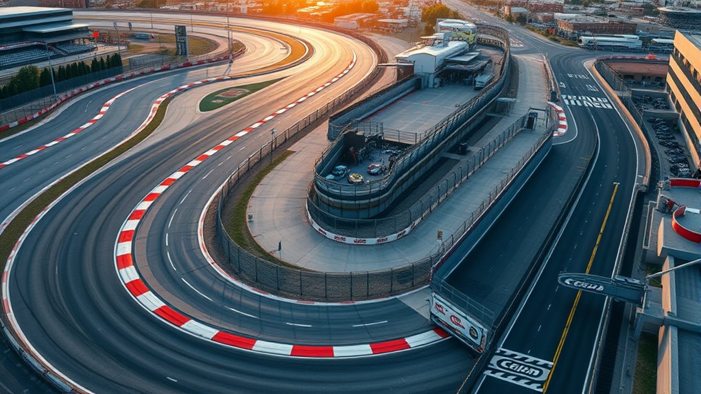 Collage of race track layouts showing a banked oval, a permanent road course, and a city street circuit